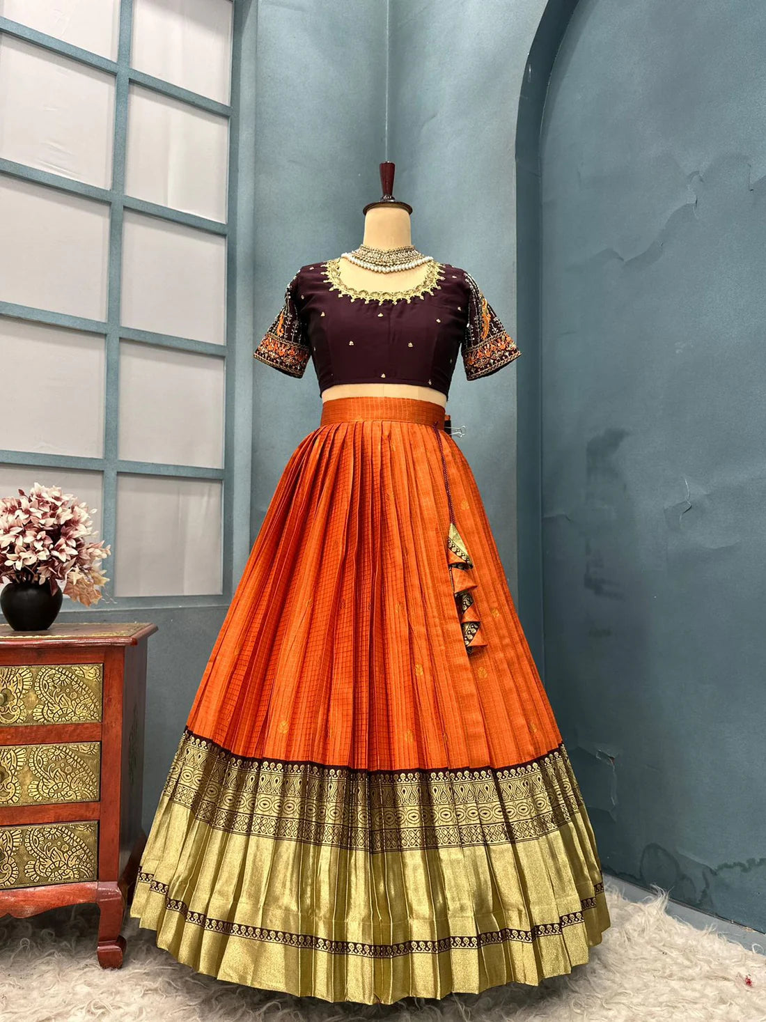Kanjivaram rust orange lehenga