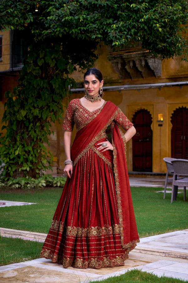 Rust Orange Lehenga - Embroidery Unstitched Blouse