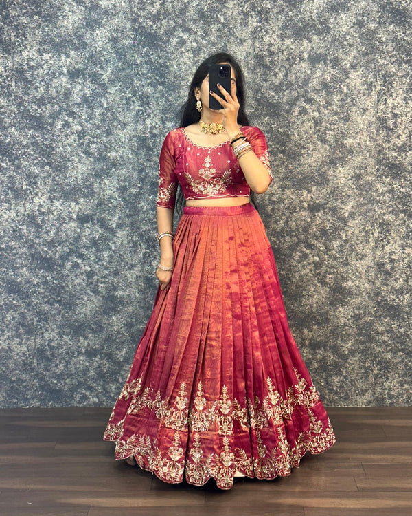 Tissue lehenga with embroidery work
