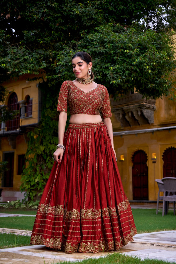 Rust Orange Lehenga - Embroidery Unstitched Blouse