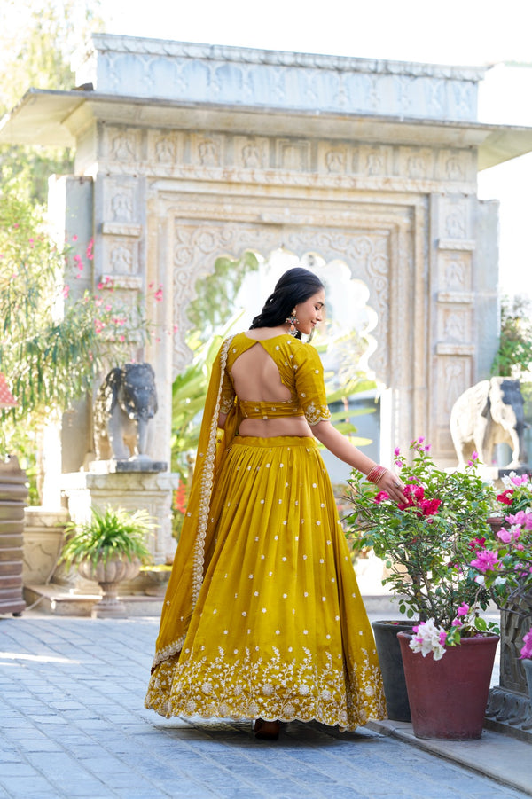 Vichitra silk mustard Haldi Unstitched Lehengas