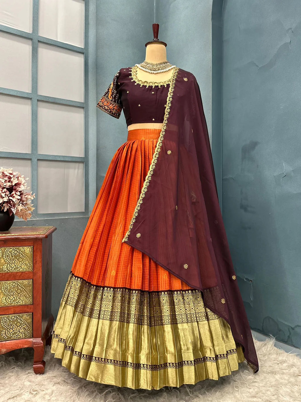 Kanjivaram rust orange lehenga
