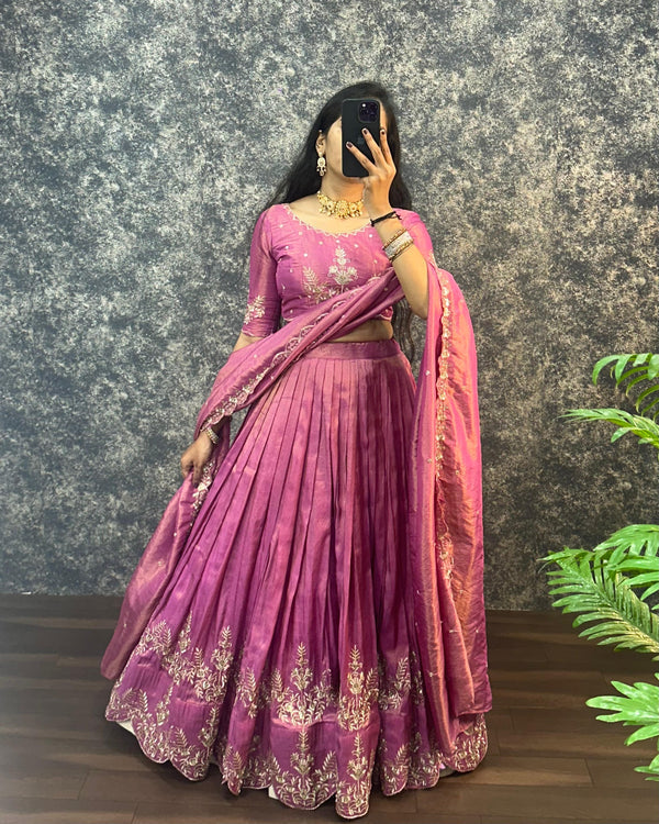 Tissue lehenga with embroidery work