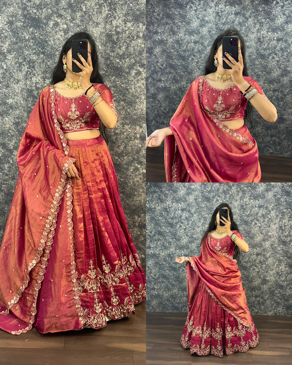 Tissue lehenga with embroidery work