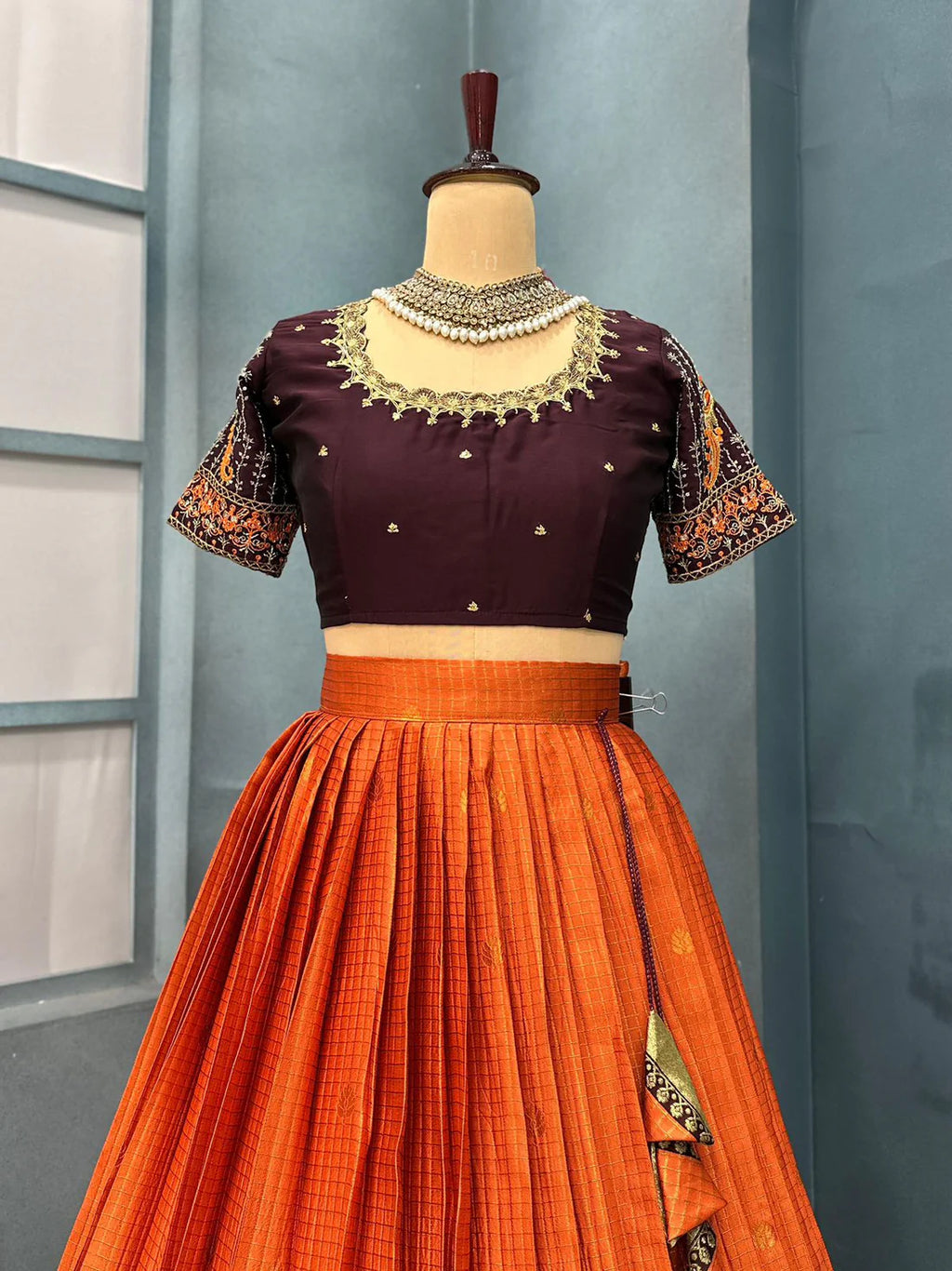 Kanjivaram rust orange lehenga