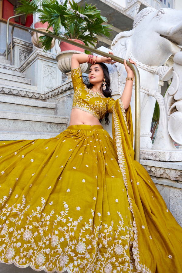 Vichitra silk mustard Haldi Unstitched Lehengas