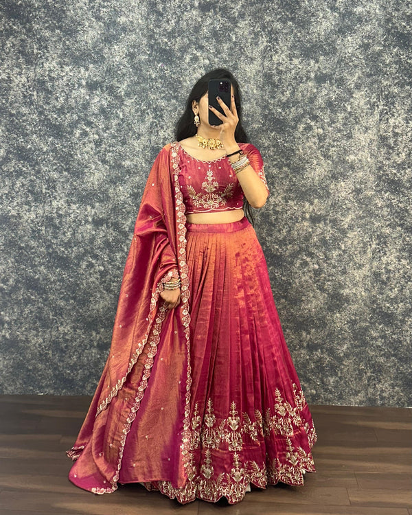 Tissue lehenga with embroidery work