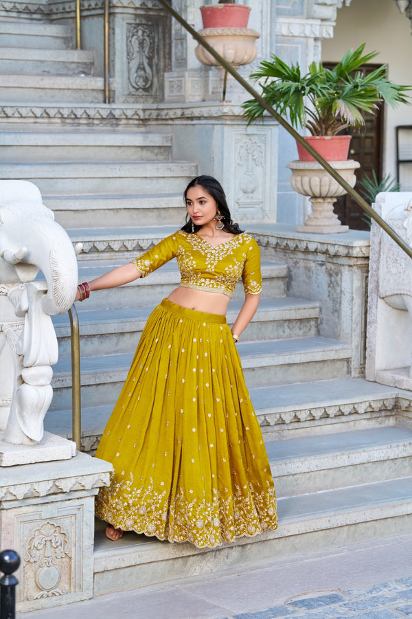 Vichitra silk mustard Haldi Unstitched Lehengas
